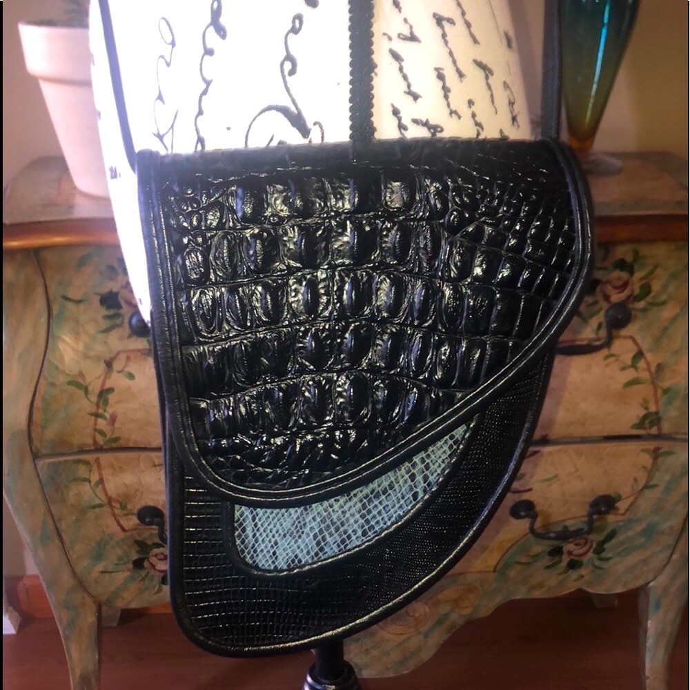 Black Croc-Embossed Crossbody Bag with Accent Panel